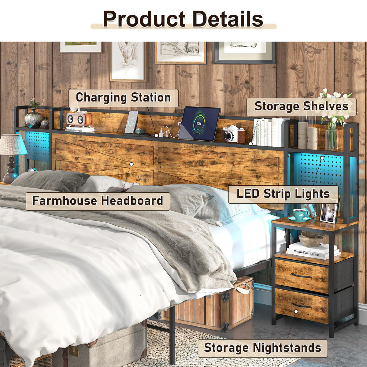 King Size Rustic Brown Bed Frame with Headboard and Nightstands J20264
