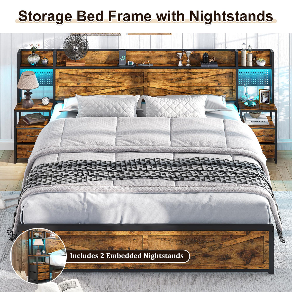 King Size Rustic Brown Bed Frame with Headboard and Nightstands J20264