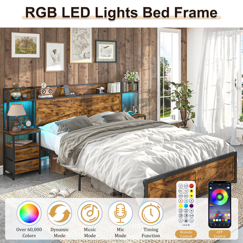 King Size Rustic Brown Bed Frame with Headboard and Nightstands J20264