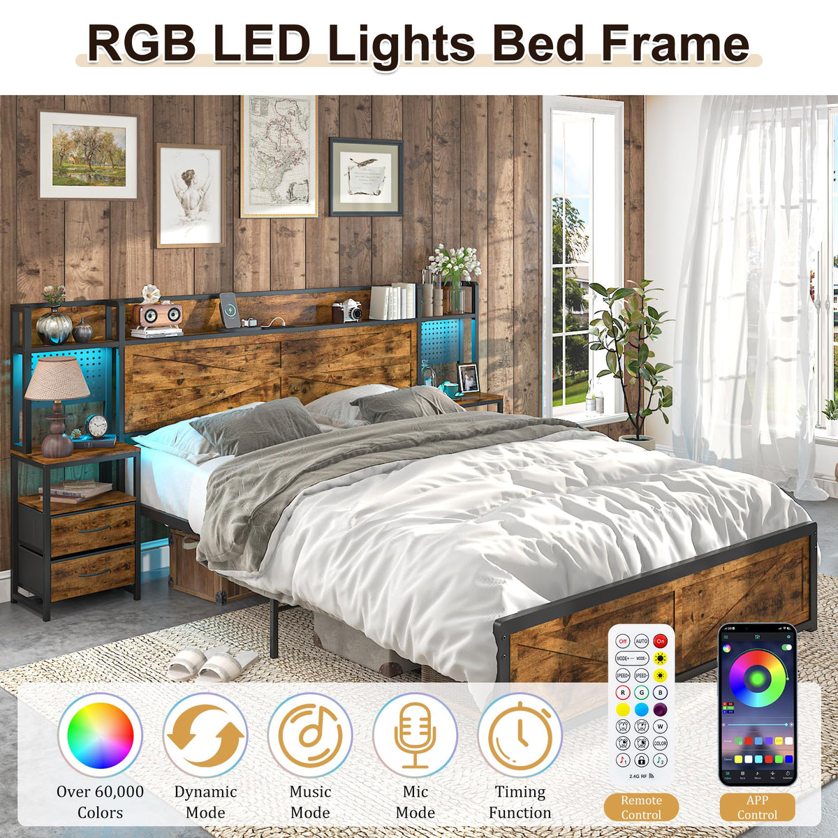 King Size Rustic Brown Bed Frame with Headboard and Nightstands J20264