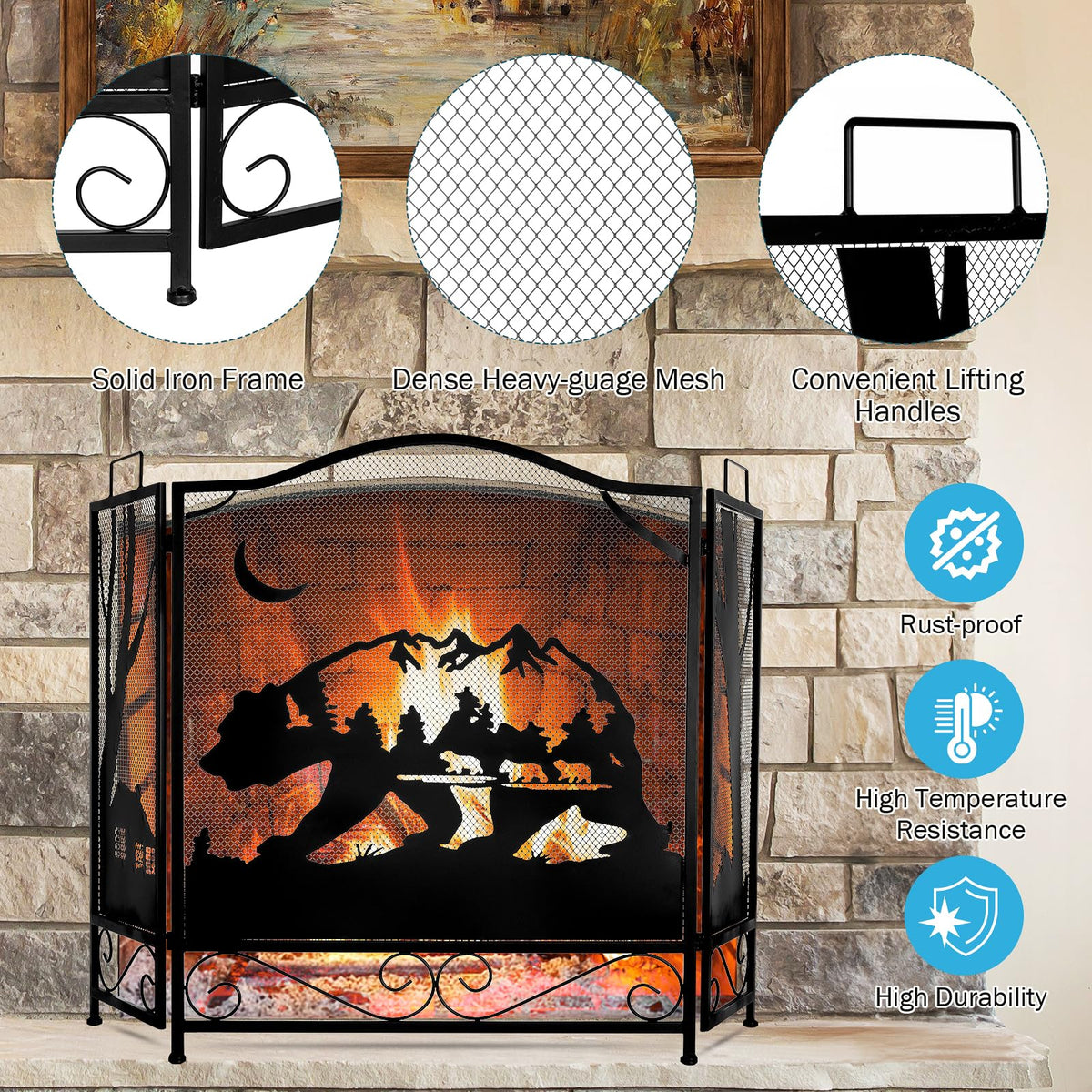 3-Panel Folding Metal Fireplace Screen Black S8709