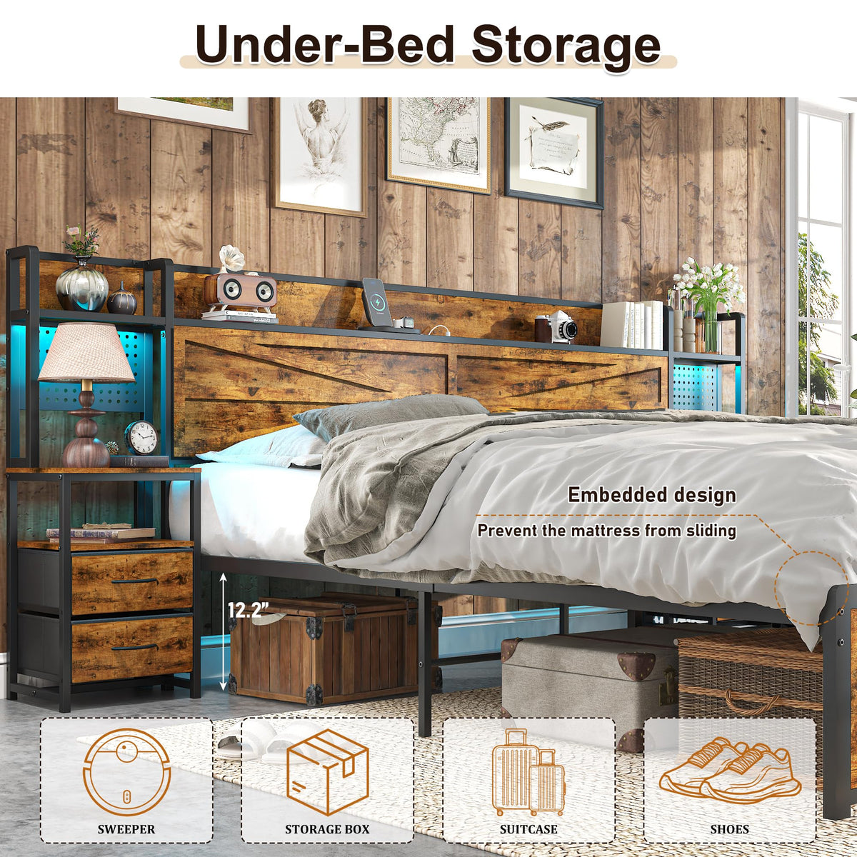 King Size Rustic Brown Bed Frame with Headboard and Nightstands J20264