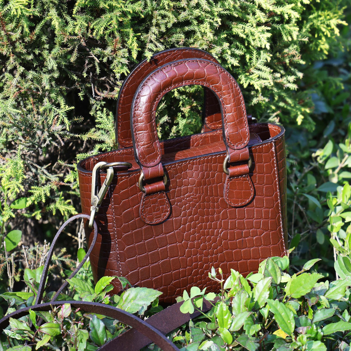 Tan Croc-Embossed Leather Mini Tote Crossbody Bag I9785