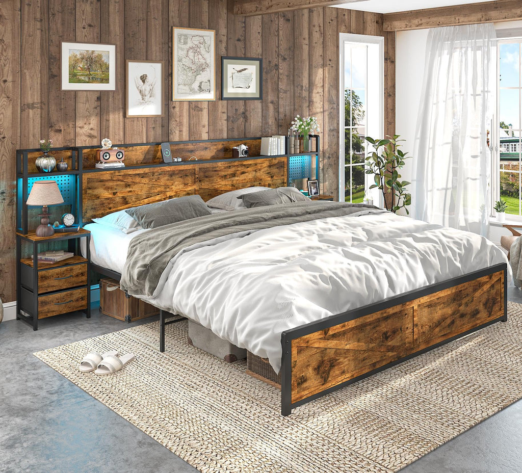 King Size Rustic Brown Bed Frame with Headboard and Nightstands J20264